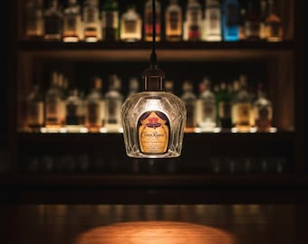 Crown Royal Hanging Light, Lamp, Light fixture, Canadian Whiskey, Cut Bottle, Chandelier, Pendant