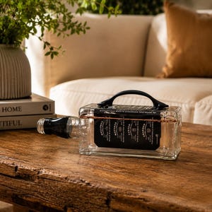 May include: A clear glass bottle with a black cap is encased in a rectangular glass container with a black handle. The container has a black label and copper-colored wire accents. The bottle rests on a wooden table.