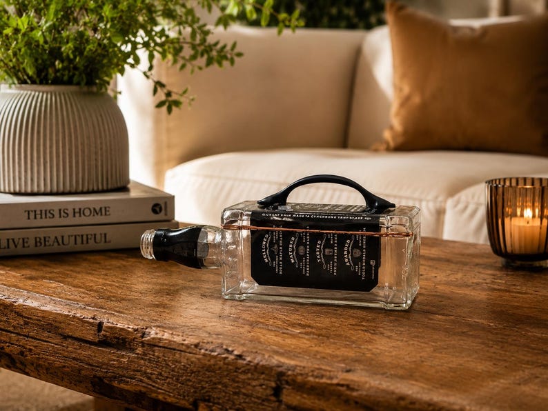 May include: A clear glass bottle with a black cap is encased in a rectangular glass container with a black handle. The container has a black label and copper-colored wire accents. The bottle rests on a wooden table.