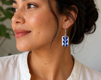 Recycled Tequila Earrings - Blue and White Talavera Inspired Dangles - Handmade Ceramic Jewelry