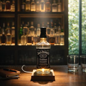 Jack Daniel's Whiskey Bottle Lamp – Upcycled Bar Decor, Recycled Oak Base