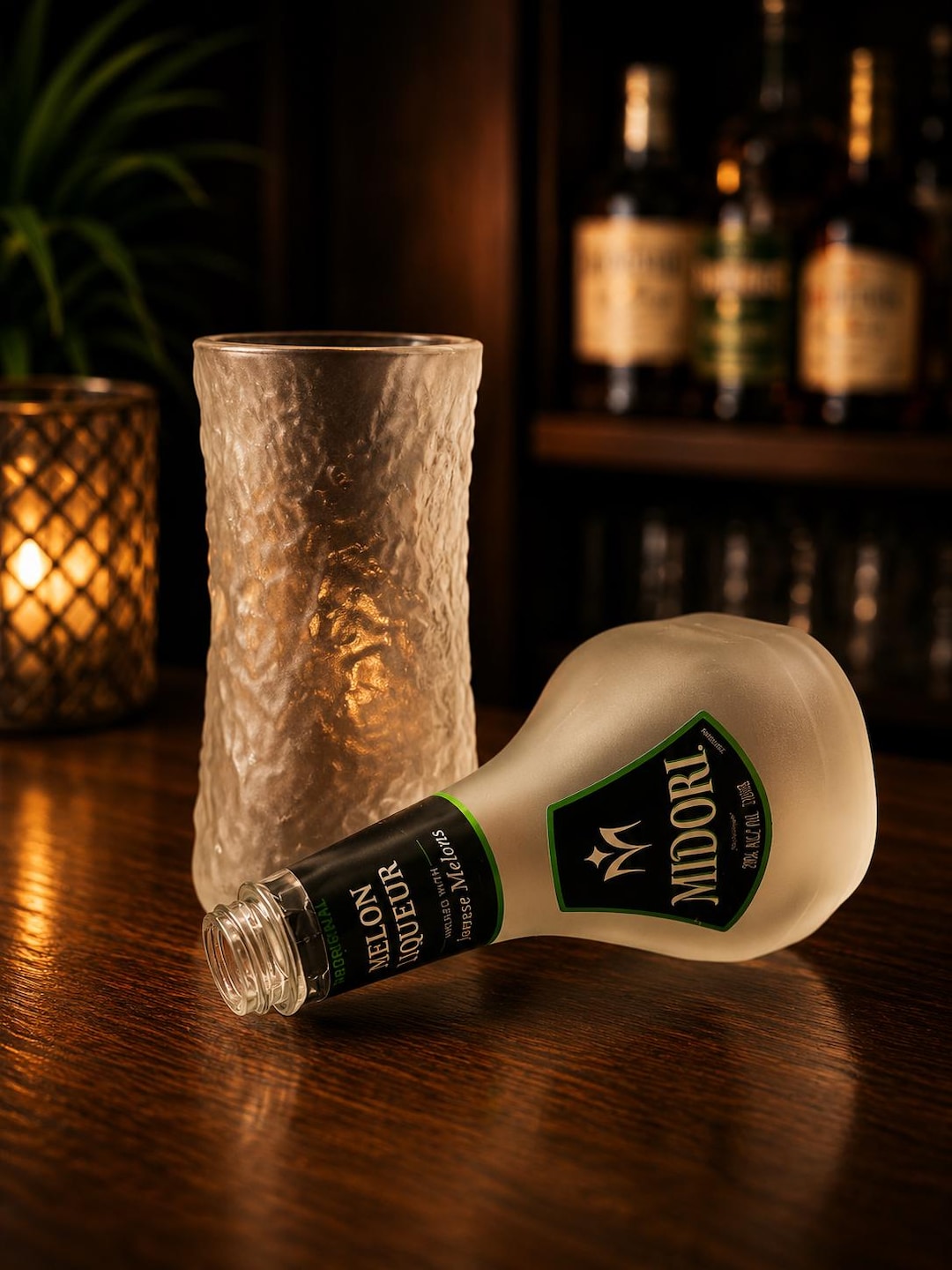 Midori Melon Liqueur Candy Dish, Upcycled Cut Bottle Vase, Sweet