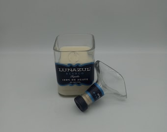 Lunazul Silver Tequila Candle, Scented Soy Wax, Choose the Fragrance, Cut Liquor Bottle, Many Scents, Gift, Vase, Upcycled, Recycled