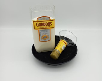 Gordon's Gin Candle, Scented Soy Wax, Choose Fragrance, Cut Liquor Bottle, Many Scents, Gift, Vase & lid, Upcycled, Recycled, London Dry