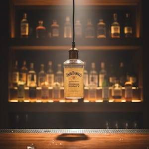 Jack Daniels  Honey Hanging Light, Lamp, Light fixture, Cut Bottle, Chandelier, Pendant, Recycled To Upcycled, Tennessee Whiskey
