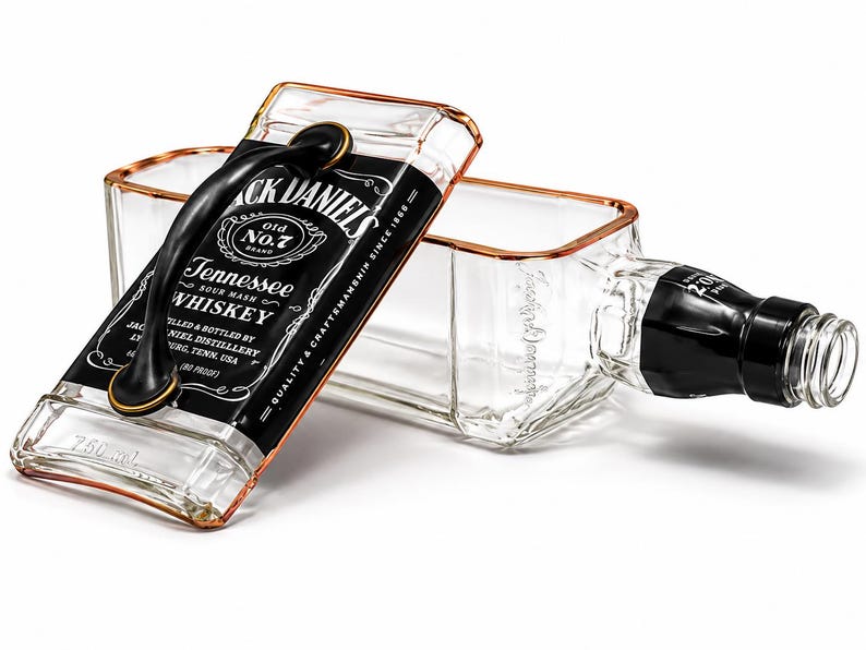 May include: A clear glass whiskey bottle repurposed into a decorative box. The box features a black handle and a label with the text "Jack Daniel's Tennessee Whiskey". The box has a capacity of 750 ml.