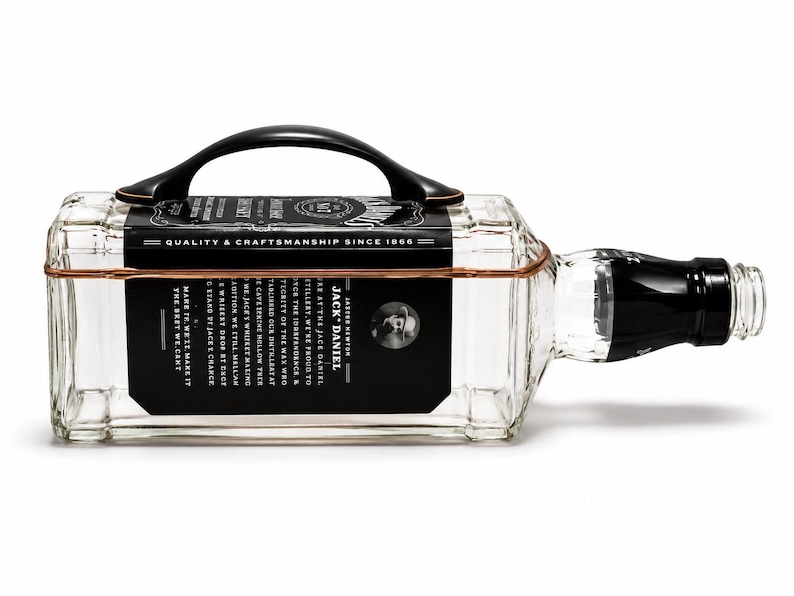 May include: A clear glass Jack Daniel's bottle with a black handle and a black label. The bottle has a copper-colored wire wrapped around it. The label has white text and a picture of a man.