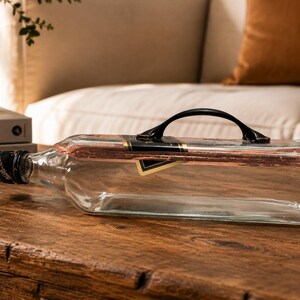 Puede incluir: Una botella de vidrio transparente con un asa negra y una etiqueta negra y dorada, tumbada sobre una mesa de madera. Una vela encendida en un portavelas de cristal marr&oacute;n y un jarr&oacute;n decorativo tambi&eacute;n est&aacute;n sobre la mesa.