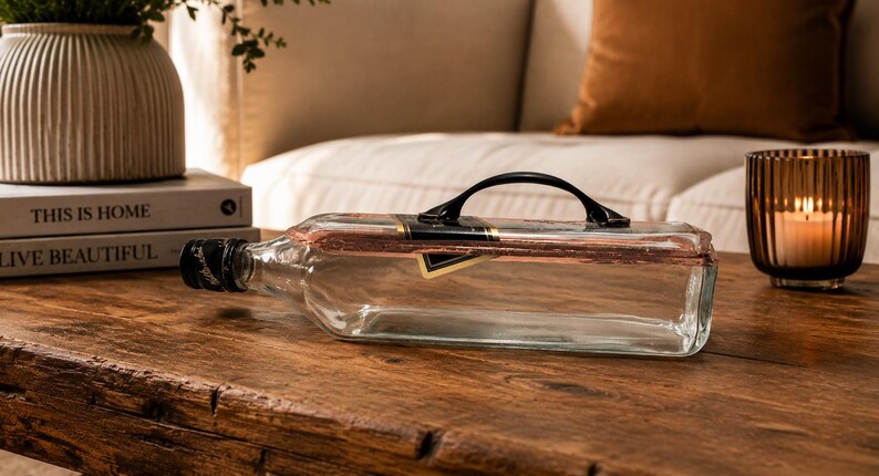 Puede incluir: Una botella de vidrio transparente con un asa negra y una etiqueta negra y dorada, tumbada sobre una mesa de madera. Una vela encendida en un portavelas de cristal marr&oacute;n y un jarr&oacute;n decorativo tambi&eacute;n est&aacute;n sobre la mesa.