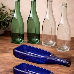 Upcycled Champagne Bottle Planter, Glass Serving Dish, Green - Clear - Cobalt Blue
