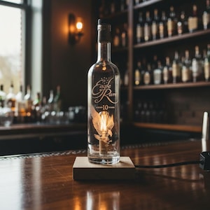 Upcycled Bourbon Bottle Lamp – Red Oak Base, Bar Lighting