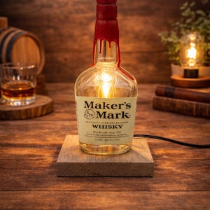 Maker's Mark Bourbon Bottle Lamp - Upcycled Bottle - Recycled Red Oak Base - Desk light - Night stand Lamp - Bar Lighting