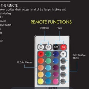 May include: A remote control for LED lights with 16 color choices, brightness control, and color rotation modes. The remote has buttons for ON/OFF, flash, strobe, fade, and smooth.