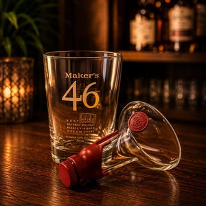 May include: A clear glass tumbler featuring the Maker's 46 logo and text, accompanied by a glass decanter topper with a red wax seal and cap. The glass displays the text Maker's 46, Kentucky Bourbon Whiskey, Barrel Finished With Oak Staves, 94 Proof.