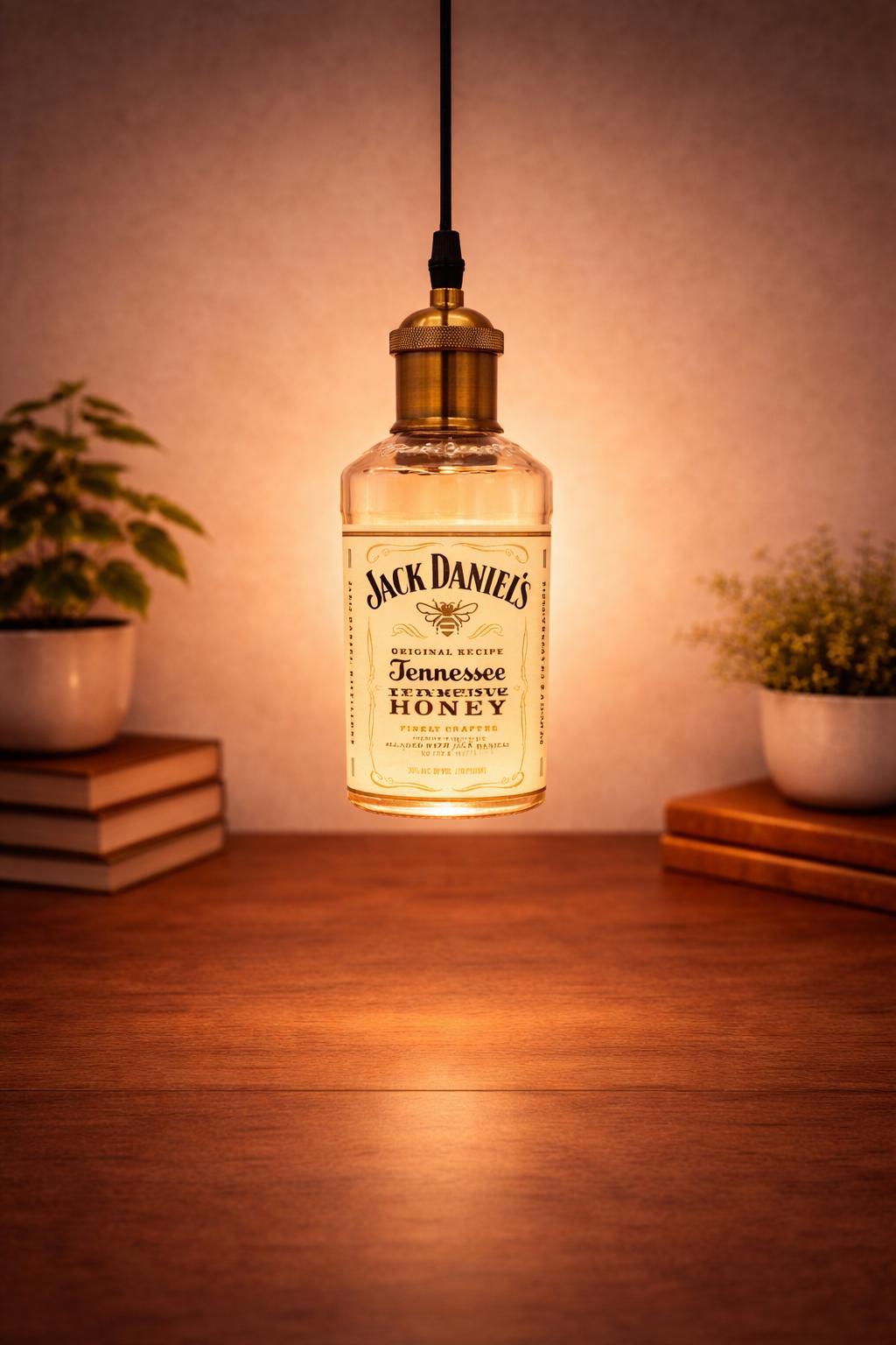 Jack Daniels Honey Hanging Light, Lamp, Light Fixture, Cut Bottle