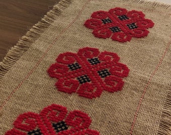 Russian folk pattern pure cotton flowers on white waffle weave fabric khokhloma tablewear mat hostess gift Handmade table runner long