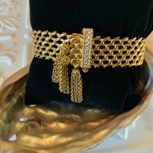 KENNETH J LANE Vintage Gold Tone Mesh Bracelet with Clear Rhinestones & Tassels