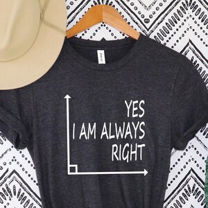 Può includere: T-shirt grigio scuro con la scritta bianca "YES I AM ALWAYS RIGHT" e un grafico ad angolo retto. Un cappello beige è sopra la maglietta e una pianta verde alta è a destra.