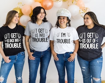 Camiseta Eu me coloco em apuros, Camiseta Eu me livro de problemas, Camisas de melhores amigos, Camisas de melhores amigos, Camisas engraçadas combinando, Camisas de casais, Camiseta de problemas