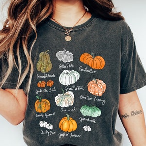 Puede incluir: Camiseta gris oscuro con una colorida ilustración de varias variedades de calabazas, cada una etiquetada con su nombre. Las calabazas son en tonos naranja, verde, blanco y gris. La camiseta tiene un aspecto vintage.
