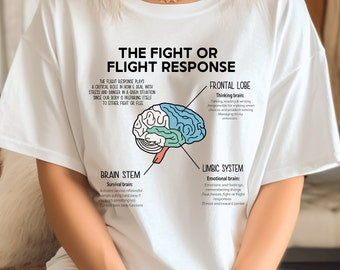 May include: White t-shirt featuring a brain diagram and the text "THE FIGHT OR FLIGHT RESPONSE". The diagram illustrates the frontal lobe, brain stem, and limbic system. A casual, educational garment.