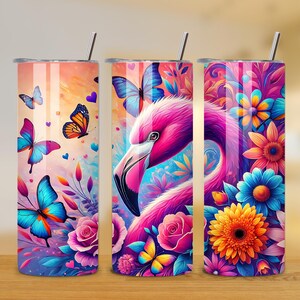 Pink Flamingo 20oz Tumbler Wrap - Boho Floral Tumbler PNG Design - Skinny Tumbler - Flamingo Art Sublimation Design - Instant Download