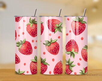 Strawberry 20oz Tumbler Wrap - Pink Strawberry Tumbler PNG Design - Skinny Tumbler - Strawberry Pattern Sublimation Design -Instant Download