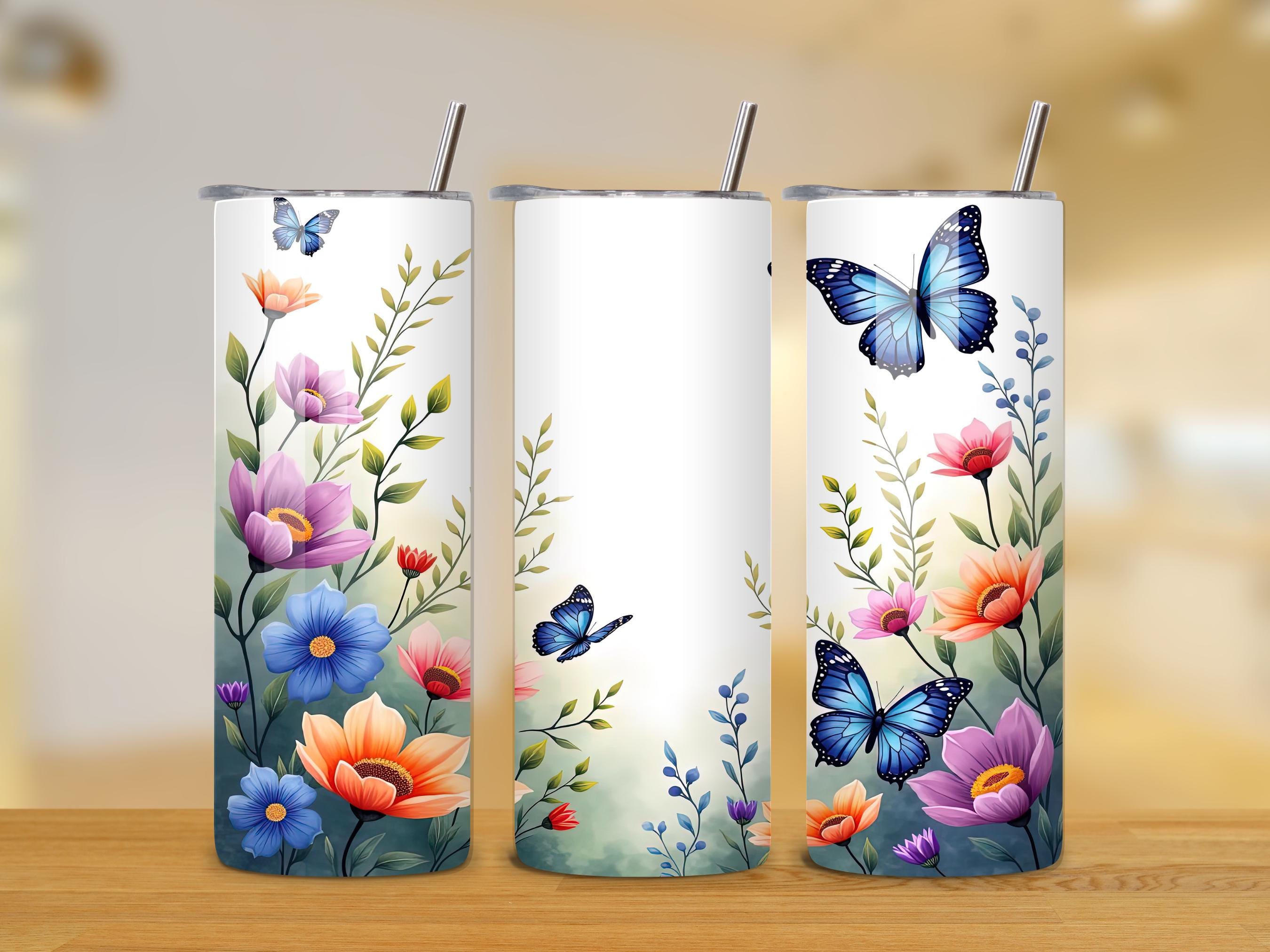 Spring Floral 20oz Tumbler Wrap - Blue Butterfly Tumbler PNG Design - Skinny Tumbler - Colorful Flower Sublimation Design - Instant Download