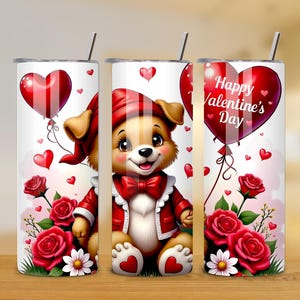 Happy Valentine&#39;s Day 20oz Tumbler Wrap - Red Roses Tumbler PNG Design - Skinny Tumbler - Cute Teddy Sublimation Design - Instant Download