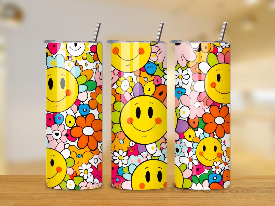 Retro Daisy 20oz Tumbler Wrap - Smiley Face Tumbler PNG Design - Skinny ...