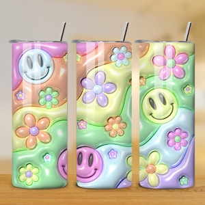 3D Inflated Puff  20oz Tumbler Wrap - Puffy Floral Tumbler PNG Design - Skinny Tumbler - Retro Puffy Sublimation Design - Instant Download