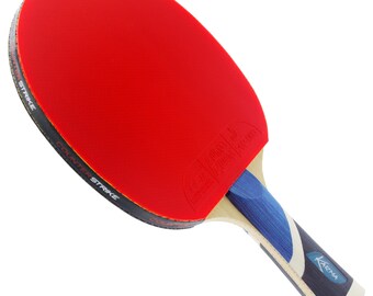 May include: A red ping pong paddle with a black edge and a blue and white handle. The paddle has the word "Karma" printed on the handle. The paddle is designed for counter strike.