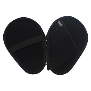 May include: Black zippered case for a ping pong paddle. The case has a mesh pocket on one side and a padded compartment on the other side.