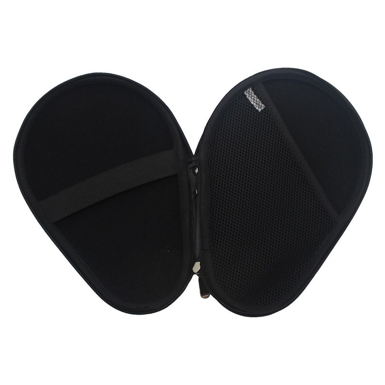 May include: Black zippered case for a ping pong paddle. The case has a mesh pocket on one side and a padded compartment on the other side.