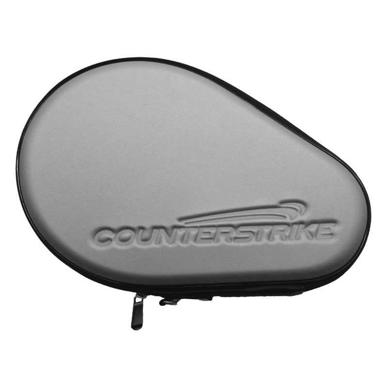 May include: A gray, padded,  ping pong paddle case with a zipper closure. The case has the word "COUNTERSTRIKE" embossed on the front.