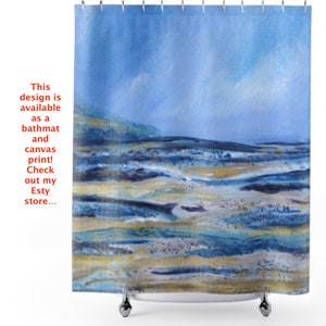 May include: A blue and gold abstract landscape design printed on a shower curtain. The design features a sky blue background with a coastal scene in shades of blue, gold, and tan. The text on the image says, "This design is available as a bathmat and canvas print! Check out my Etsy store..."