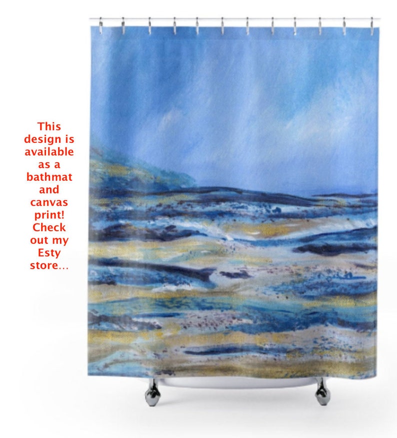 May include: A blue and gold abstract landscape design printed on a shower curtain. The design features a sky blue background with a coastal scene in shades of blue, gold, and tan. The text on the image says, "This design is available as a bathmat and canvas print! Check out my Etsy store..."