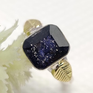 Natural Blue Iolite Sunstone Ring, 925 Sterling Silver Faceted Emerald Shape Gold Polished Leaf Designer Band Ring Jewelry, Gift For Her