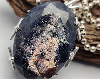 Golden Sheen Iolite Sunstone Pendant, Faceted Oval Cut Huge Sige Flashy Iolite Gemstone Pendant, 925 Sterling Silver Blue Stone Jewelry