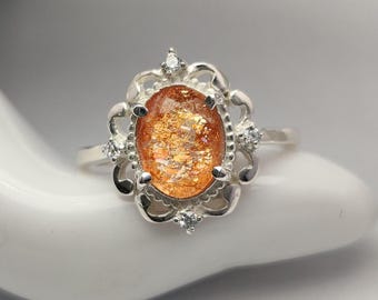 Anel de Prata de Lei com Pedra do Sol Laranja, Joia de Prata com Pedra do Sol Brilhante em Corte Oval, Anel de Noivado, Presente para Ela