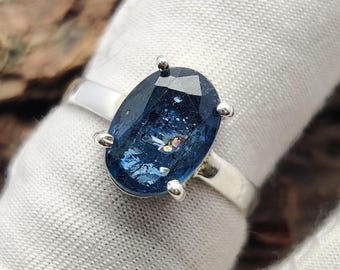 Natural Teal Moss Kyanite Gemstone Ring, 925 Sterling Silver Handmade Blue Moss Kyanite Faceted Oval Cut Silver Jewelry, Gift For Her