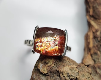 Anel com Pedra do Sol Laranja Lapidada em Formato de Almofada, Design Artesanal em Prata de Lei 925, Anel de Designer, Joia em Prata com Gema Laranja Natural AAA