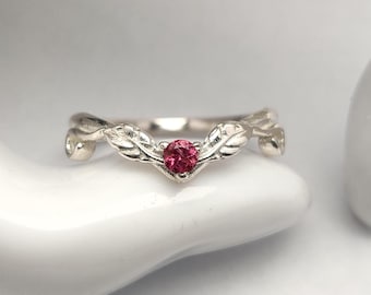 Round Cut Pink Tourmaline Ring, 925 Sterling Silver Faceted Tourmaline Loose Gemstone Jewelry, Leaf Designer Engagement Ring, Gift For Her