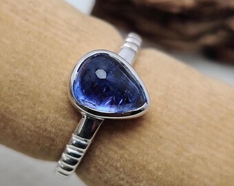 Pear Shape Blue Tanzanite Cabochon Ring, 925 Sterling Silver Ring, Handmade Designer Band Ring, Gift For Her, Daily Wear Silver Jewelry