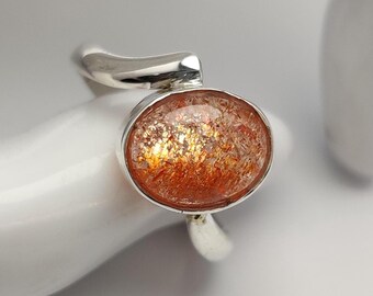 Handmade 925 Sterlig Silver Ring, Natural Orange Sunstone Gemstone Ring, Smooth Cabochon Oval Sunstone Ring, Simple Ring, Gift For Her