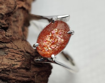 Orange Sunstone Oval Cut Ring, Sterling Silver, Top Quality Natural Gemstone Designer Band Ring, Statement Silver Ring, Gift For Her,