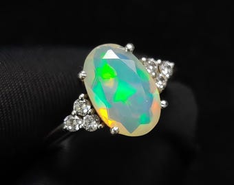 Faceted Natural Welo Opal Ring, 925 Sterling Silver Opal With Zircon Statement Jewelry, Gift For Her