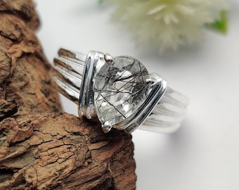 Anel de prata com rutilado preto em formato de pera, joia com pedra preciosa de quartzo rutilado natural, anel de design exclusivo feito à mão, presente para ela.