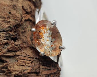 Oval Shape Orange Sunstone Sterling Silver Ring, Faceted Natural Gemstone Twisted Band Statement Jewelry, Daily Wear Ring