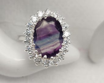Rainbow Flourite Zircon Ring, 925 Sterling Silver Natural Oval Cut Gemstone Wedding Ring, Unique Design Jewelry, Gift For Her